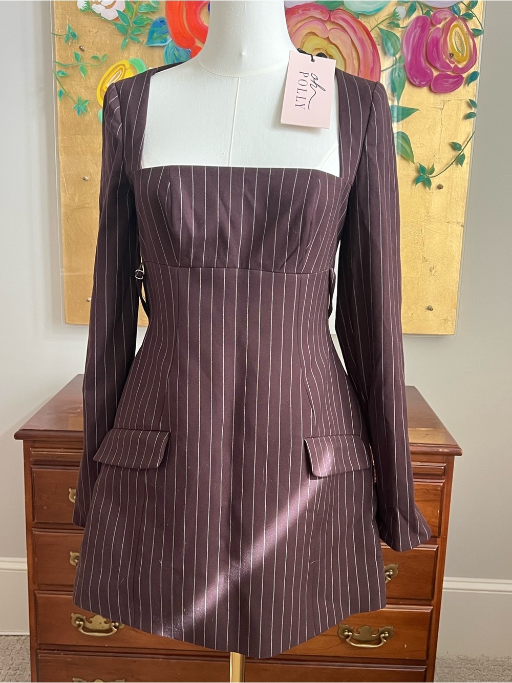 Oh Polly Plum Pinstripe Square-Neck Long-Sleeve Mini Dress NWT